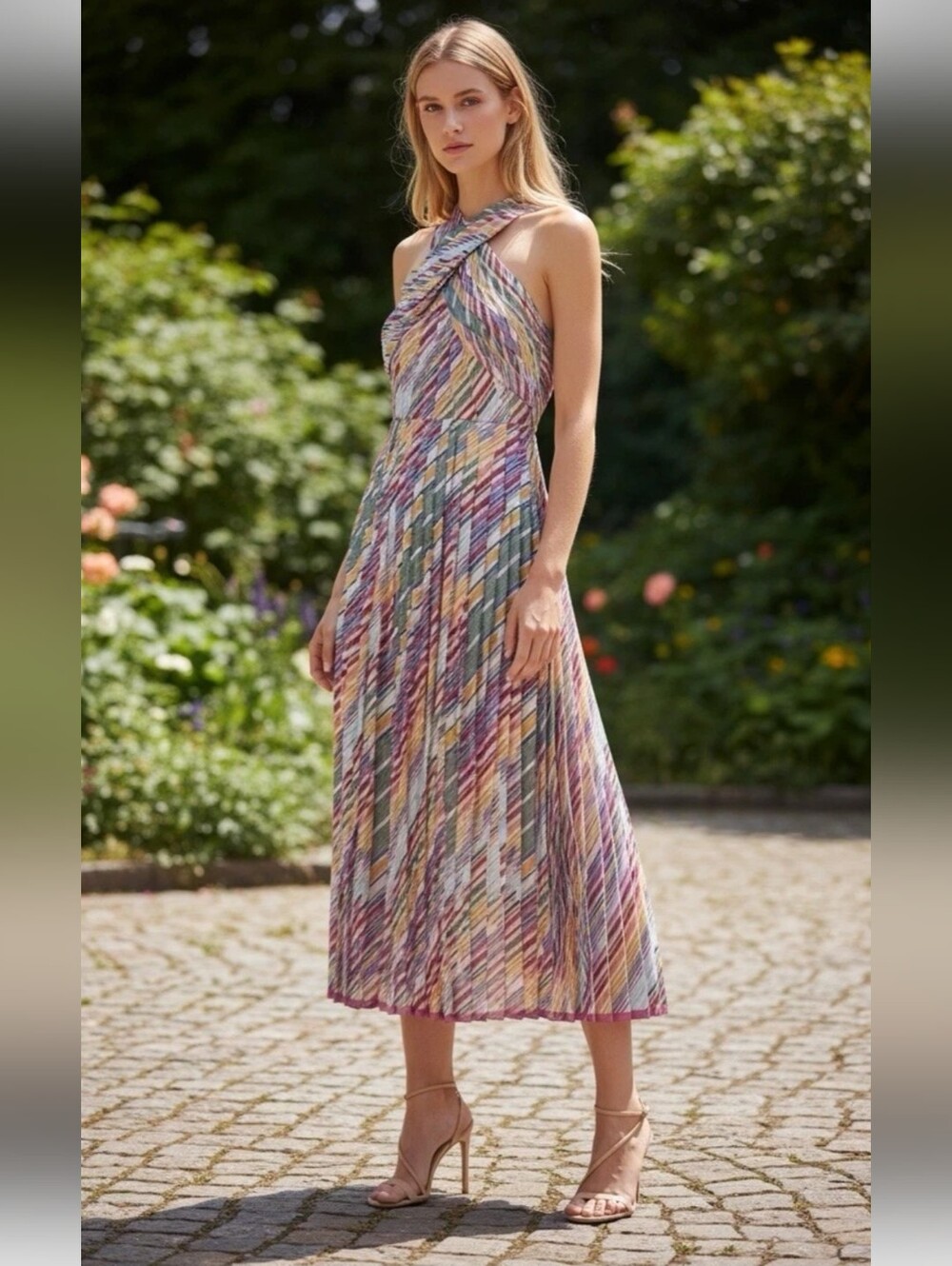 Monique Lhuillier Multicolor Pleated Crossneck Midi Dress
